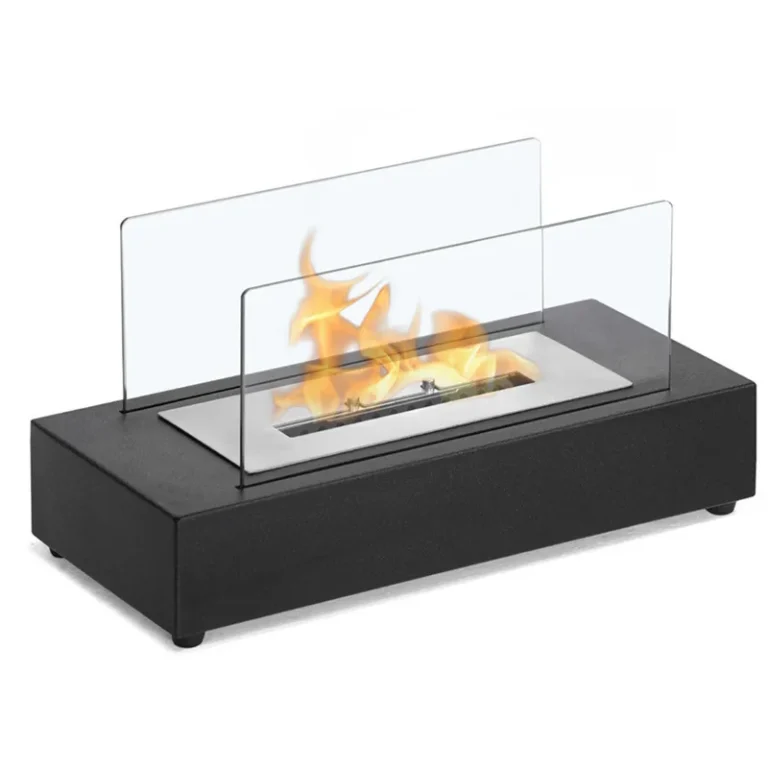 Black rectangular tabletop ethanol fireplace with two glass guards