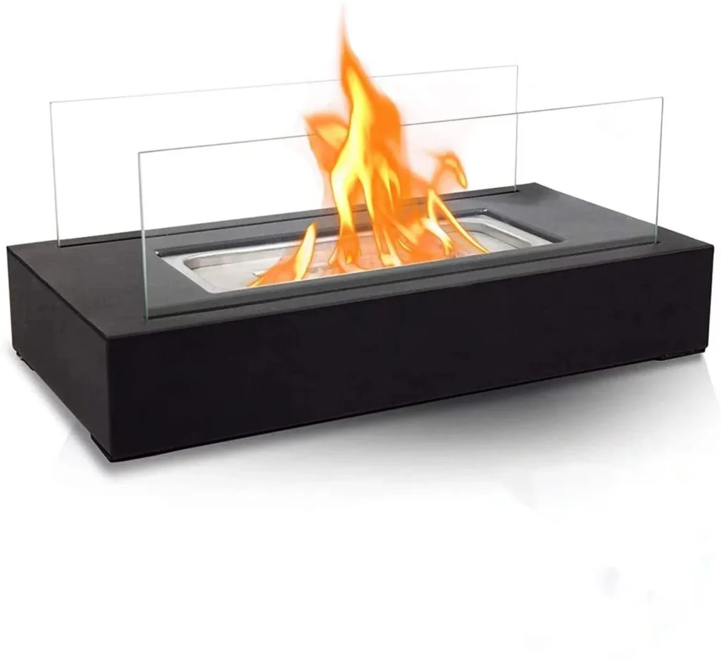 Rectangular tabletop ethanol fireplace with a glass wind guard