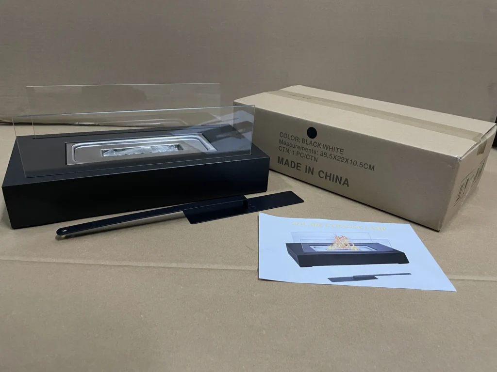 Packaging detail for a square tabletop ethanol fireplace