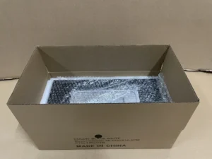 Packaging detail for a square tabletop ethanol fireplace