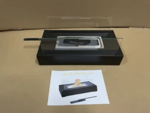 Square tabletop ethanol fireplace and instruction sheet prepared for documentation review