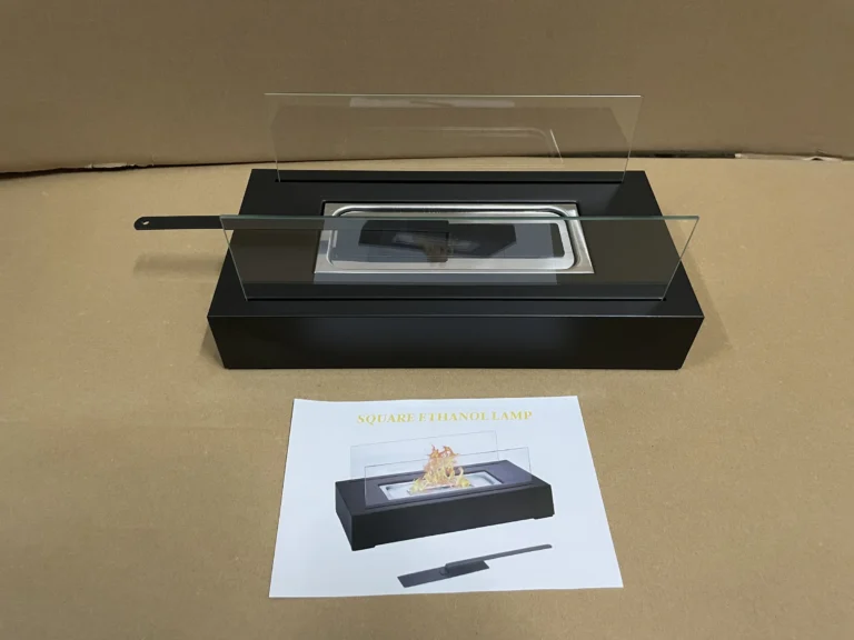 Square tabletop ethanol fireplace and instruction sheet prepared for documentation review