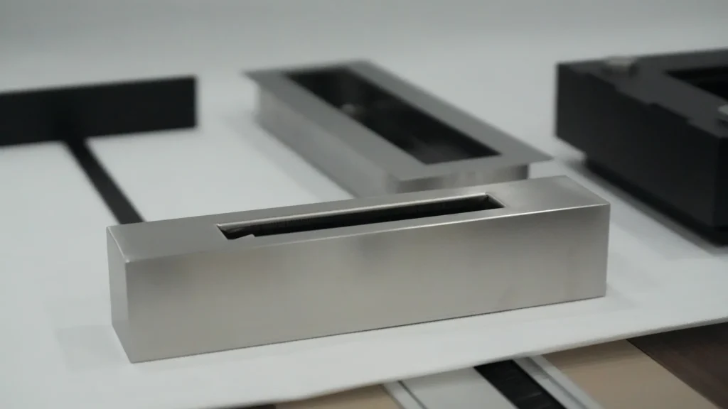 Stainless steel ethanol burner component shown with product drawings