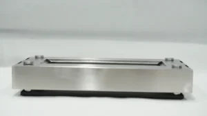 Front view of a stainless steel tabletop ethanol fireplace base and burner