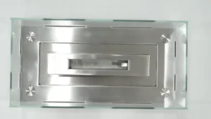 Top view of a rectangular tabletop ethanol fireplace burner and glass guard