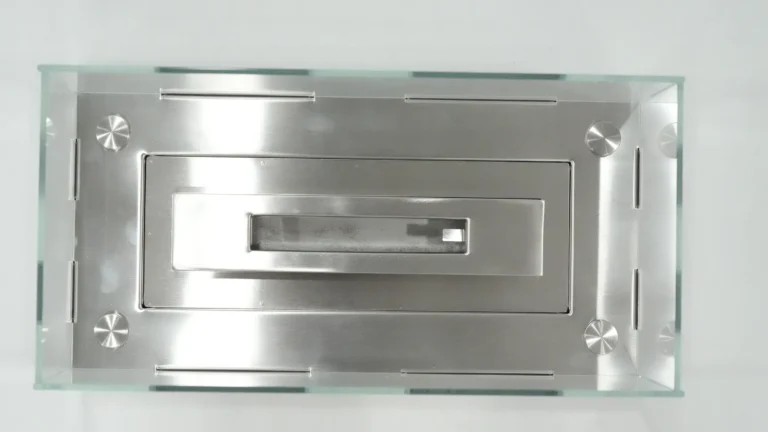 Top view of a rectangular tabletop ethanol fireplace burner and glass guard
