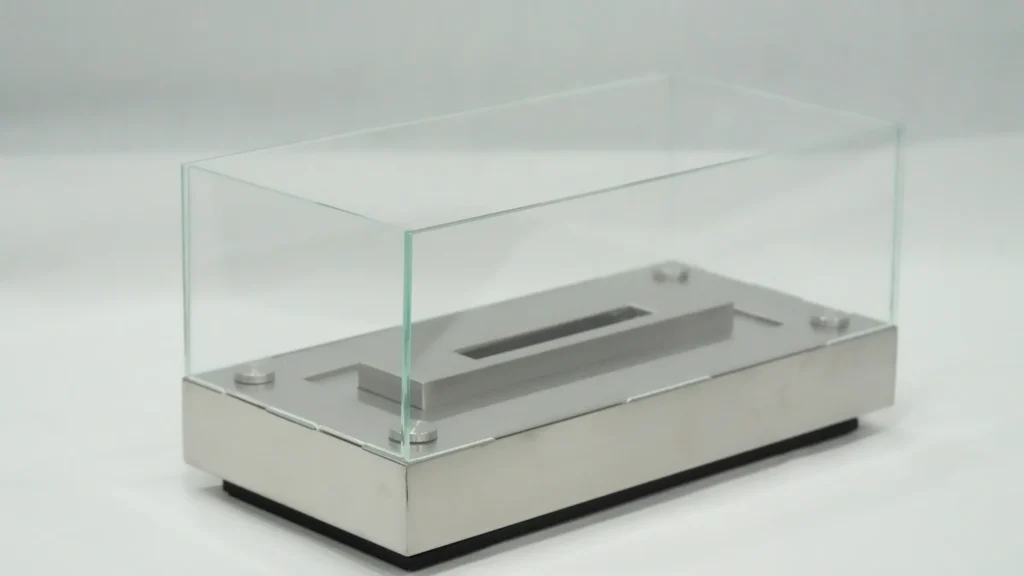 Angled view of a rectangular tabletop ethanol fireplace sample