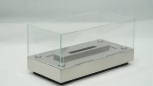 Angled view of a rectangular tabletop ethanol fireplace sample