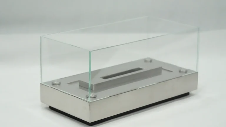 Angled view of a rectangular tabletop ethanol fireplace sample