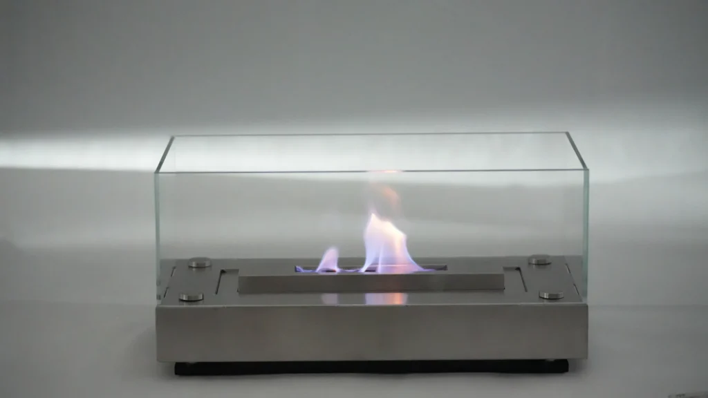 Tabletop ethanol fireplace sample with burner and glass guard visible for evaluation