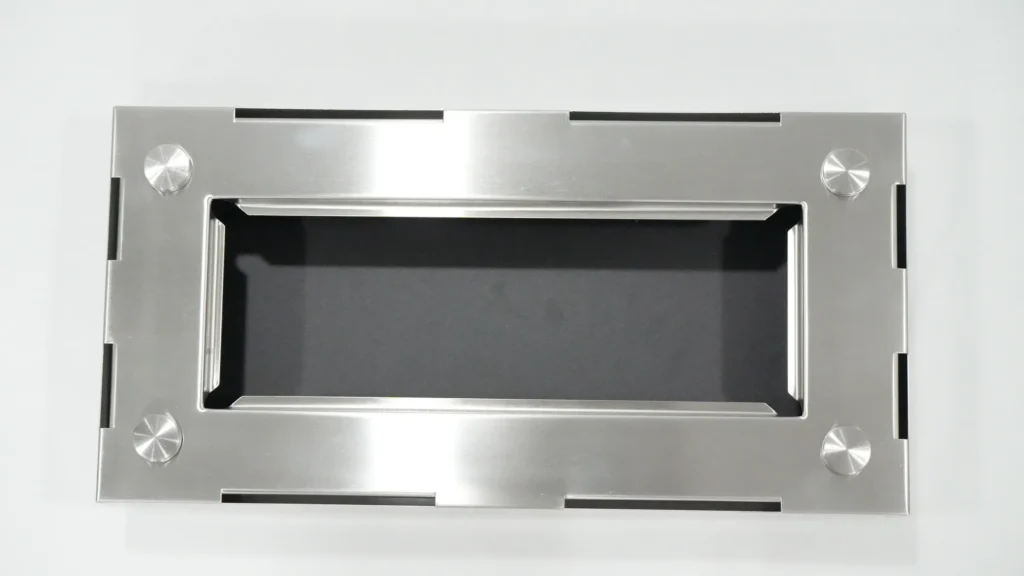 Top view of a rectangular tabletop ethanol burner and metal base